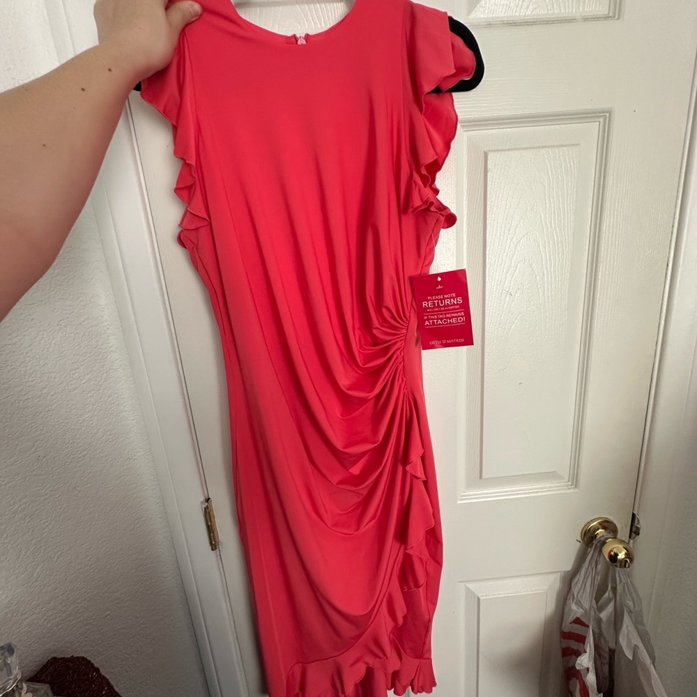 Little Mistress Coral Midi Dress with Ruffle Detail with slit
